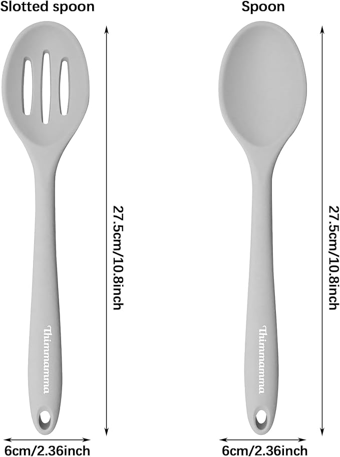Silicone Spoon, Nonstick Kitchen Silicone Slotted Solid Spoons for Cooking Dishwasher Safe for Nonstick Cookware, Heat Resistant Grey Silicone Serving Spoon BPA Free for Mixing Stirring