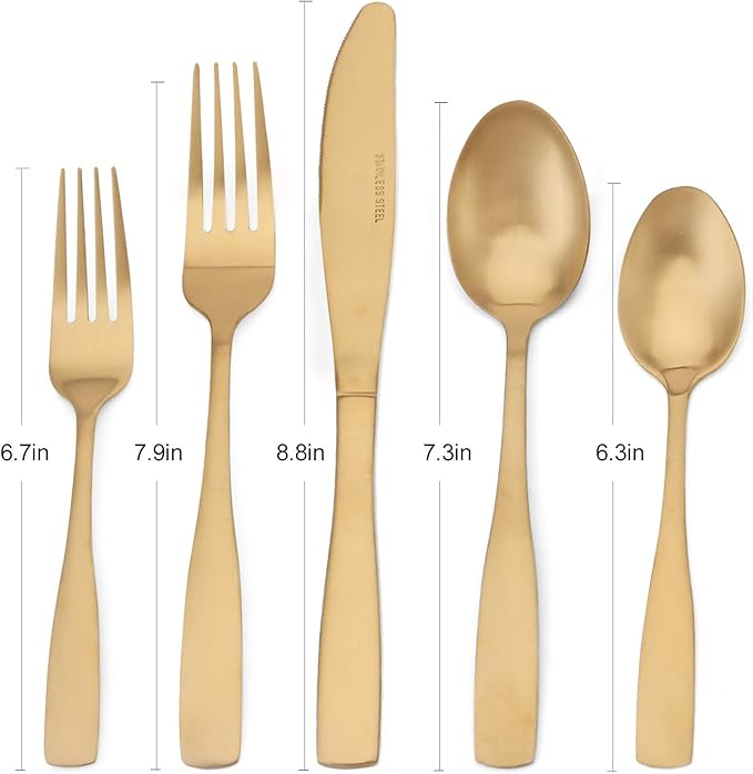 Matte Gold Silverware Set, Satin Finish 40-Piece Stainless Steel Flatware set, Tableware Cutlery Set Service for 8, Utensils for Kitchens, Dishwasher Safe