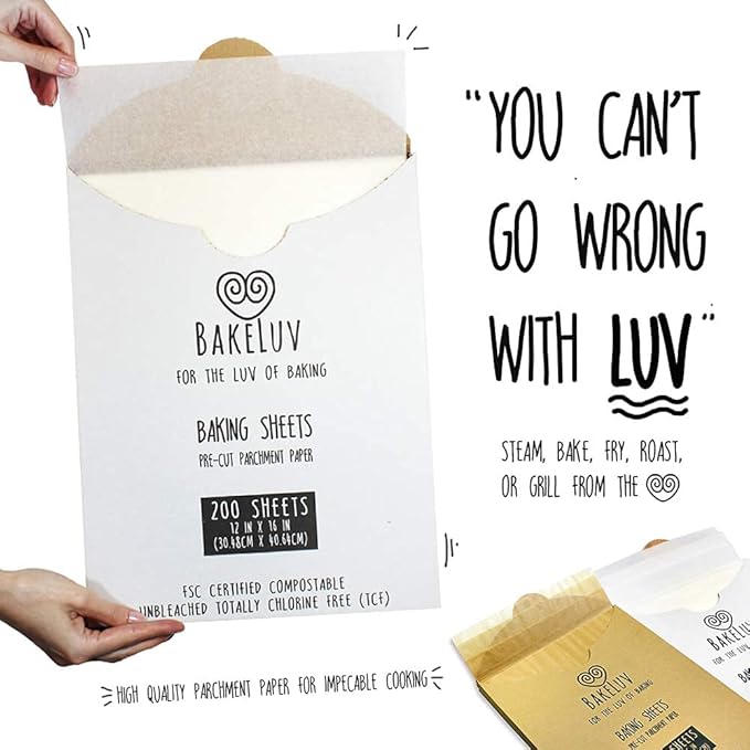 BAKELUV White Parchment Paper Sheets 12x16” | 200 Pcs | Non-Stick Precut Parchment Paper for Baking Sheets, Baking Paper, Unbleached Cookie Sheets, Wax Paper | Oven, Air Fryer, Grilling, Freezer