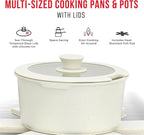 Pots & Pans Set Non Stick Ceramic-Granite – 14-Piece Cookware with Detachable Handles, Stackable Space-Saving, Dishwasher Safe, Stain-resistant, Oven & All-Stove Safe, Tempered Glass Lids, White Cream