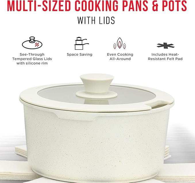 Pots & Pans Set Non Stick Ceramic-Granite – 14-Piece Cookware with Detachable Handles, Stackable Space-Saving, Dishwasher Safe, Stain-resistant, Oven & All-Stove Safe, Tempered Glass Lids, White Cream