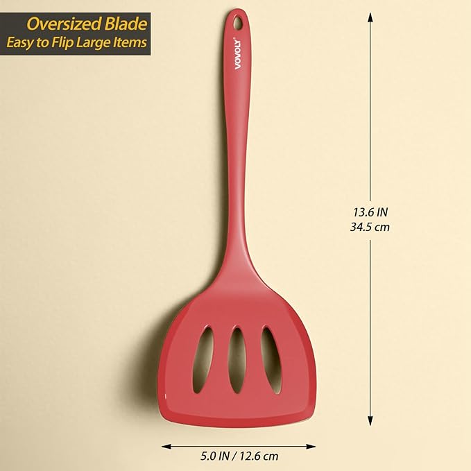 Silicone Pancake Spatula Turner with Lengthened Handle& Seamless Design, Heat Resistant Slotted Flipper for Nonstick Cookware, Large Flexible Kitchen Utensils for Egg, Pancake, Burger, Red