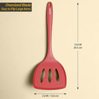 Silicone Pancake Spatula Turner with Lengthened Handle& Seamless Design, Heat Resistant Slotted Flipper for Nonstick Cookware, Large Flexible Kitchen Utensils for Egg, Pancake, Burger, Red