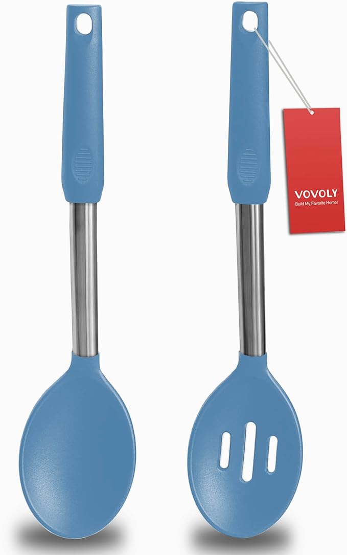 Pack of 2 Large Silicone Cooking Spoons,Non Stick Solid Basting Spoon,Heat-Resistant Kitchen Utensils for Mixing,Serving,Draining,Stirring (Starry Blue)