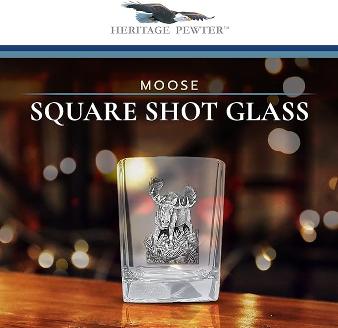 Heritage Pewter Moose Square Shot Glass | Hand-Sculpted 1.5 Ounce Shot Glass | Intricately Crafted Metal Pewter Inlay