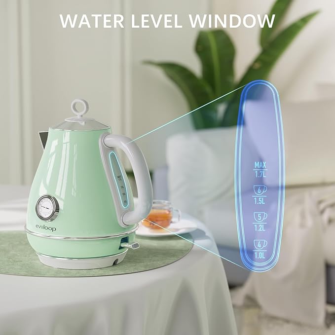 Electric Tea Kettle, 1500W /1.7 Liter Hot Water Boiler Heater Pot, Retro Electric Kettle with Thermometer, Auto Shut-Off & Boil-Dry Protection, BPA Free,Stainless Steel Teapot