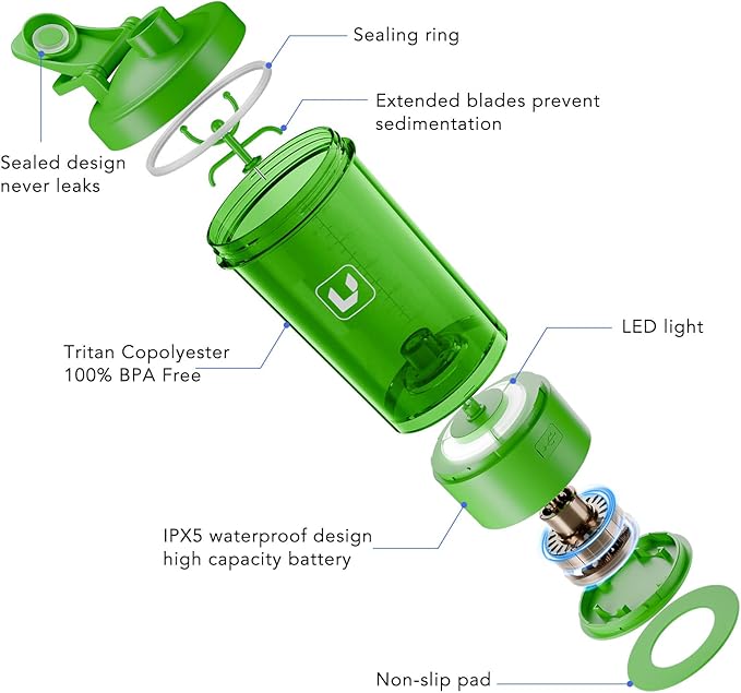 Electric Shaker Bottle USB C Rechargeable Protein Shaker Bottle Shaker cups for Protein Shakes Mixer with 24oz BPA Free Tritan Meal Replacement Shakes Made with Tritan Portable Blender Cup (Green)