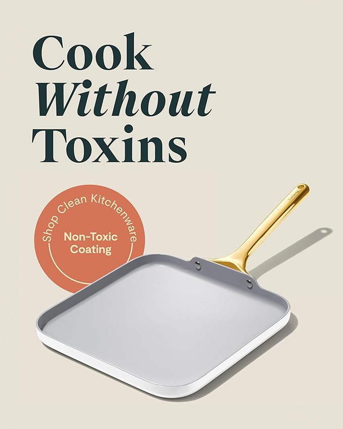 Caraway Square Griddle Pan - 11” Square Pan - Non-Stick Ceramic Coated - Non Toxic, PTFE & PFOA Free - Oven Safe & Compatible with All Stovetops - White