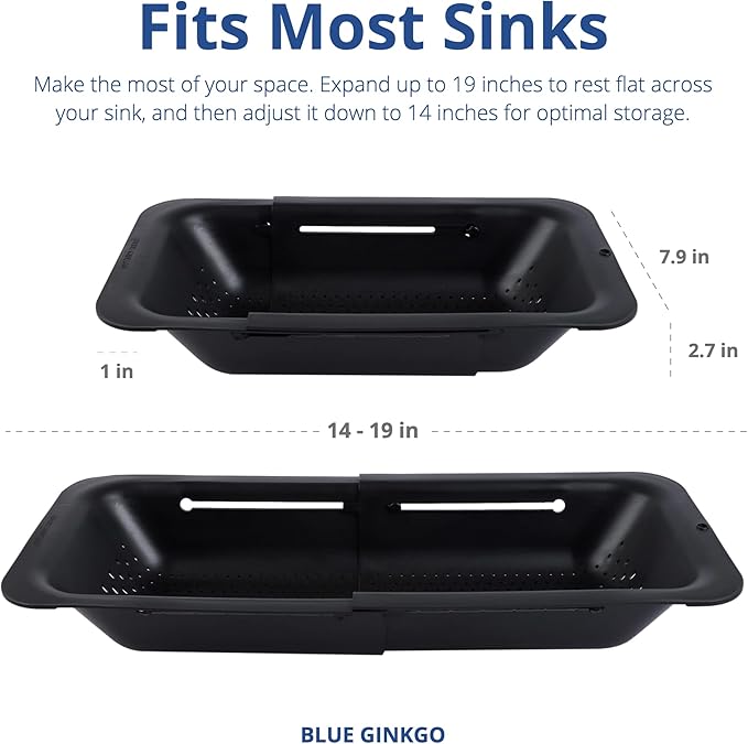 BLUE GINKGO Over the Sink Colander Strainer Basket - Wash Vegetables and Fruits, Drain Cooked Pasta and Dry Dishes - Extendable - New Home Kitchen Essentials - Black