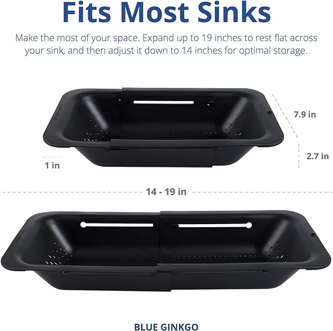 BLUE GINKGO Sink Colander Baskets - (Pack of 2) Wash Vegetables and Fruits, Drain Cooked Pasta and Dry Dishes - Extendable - New Home Kitchen Essentials (2 Black)