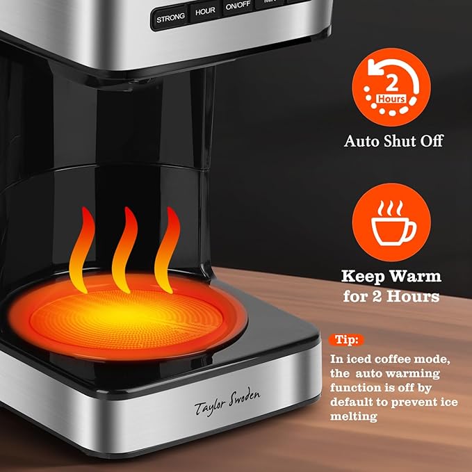 Taylor Swoden Programmable Coffee Makers 12 Cup, Hot and Iced Coffee Maker, 4 Brew Strength, LED Display, 24H Timer, Keep Warm&Auto Shutoff- Drip Coffee Machine for Home/Office, Black &Stainless Steel