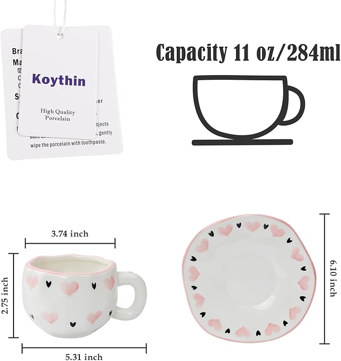 Koythin Ceramic Coffee Mug with Saucer Set, Cute Sweet and Cool Love Cup Unique for Office and Home, 10 oz/300 ml for Latte Tea Milk
