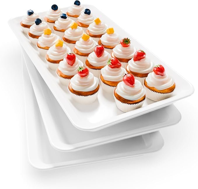 Extra Large Serving Tray Melamine Plastic for Party Supplies, 17" x 8.6" Platters for Serving Food, 3 pcs White Reusable Tray for Veggie, Snack, Fruit, Cookies, Desserts in Kitchen/Pantry Organization