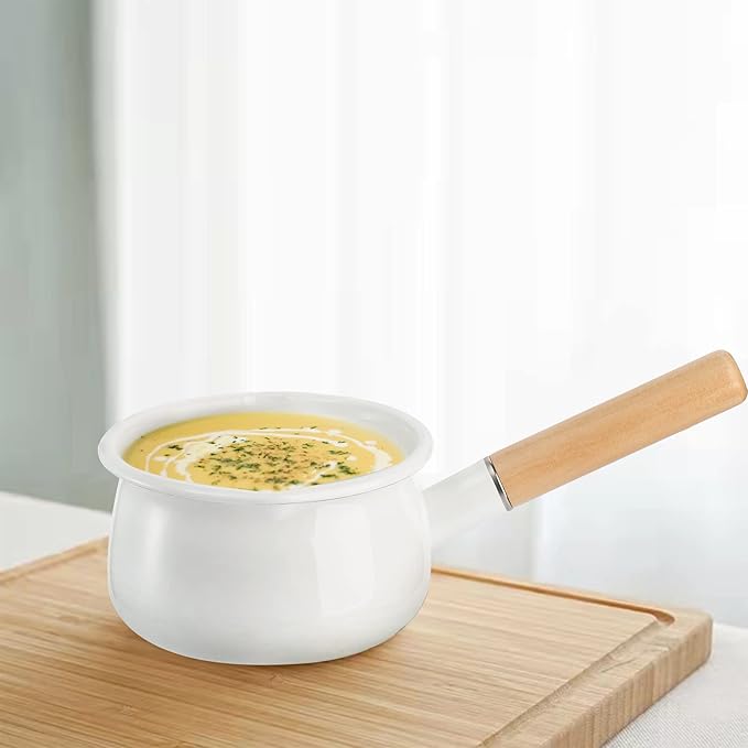 Jucoan 1 Quart Enamel Milk Pan with Dual Pour Spout, Small Enamel on Steel Saucepan Milk Pot Butter Warmer with Wooden Handle, Stove Top Soup Pot Simmer Pot for Home Kitchen Cooking Heating Boiling