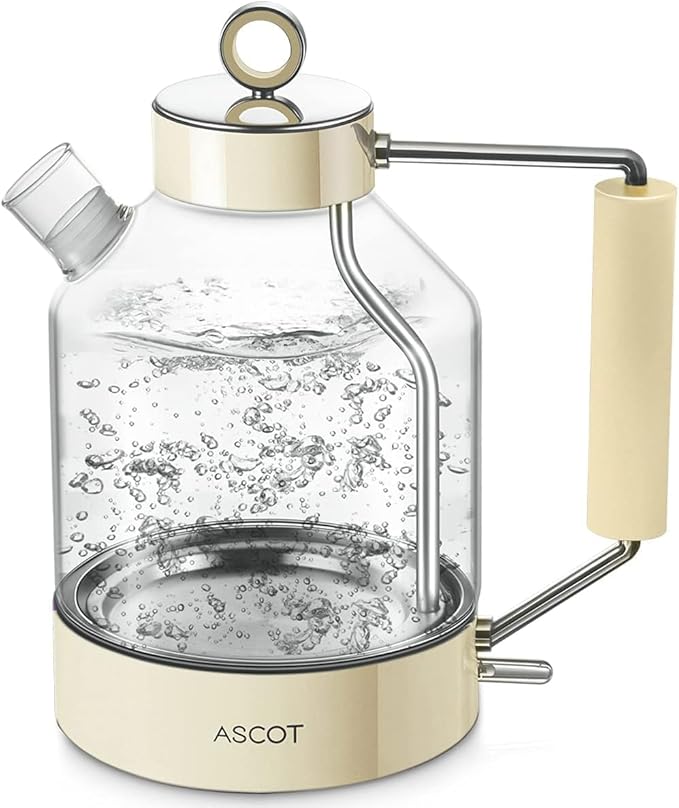 Electric Kettle, ASCOT Glass Electric Tea Kettle 1.5L 1500W Retro Tea Heater & Hot Water Boiler, No Plastic, BPA-Free, Cordless, with Auto Shut-Off and Boil-Dry Protection (Creme)