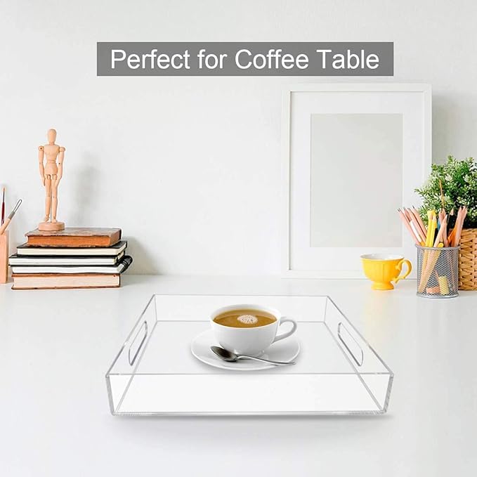 NIUBEE Acrylic Serving Tray 16x20 Inches -Spill Proof- Clear Decorative Tray Organiser for Ottoman Coffee Table Countertop with Handles