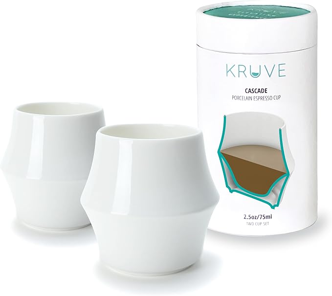 KRUVE CASCADE Porcelain Coffee Cups, 2.5oz Double-Walled Espresso Cups, Sensory Espresso Coffee Mug Set for Heat Retention, White Porcelain Drinking Glasses with Enhanced Aroma, Elegant Cup Design