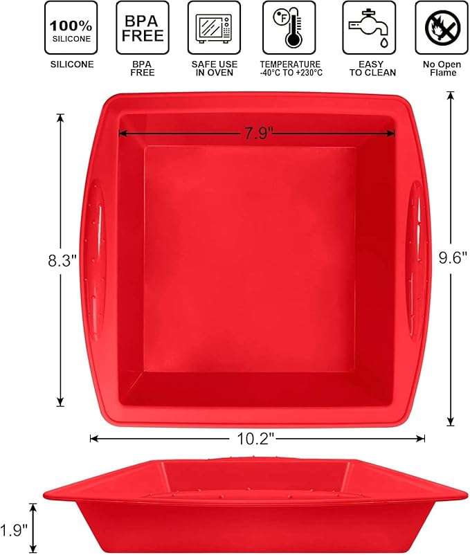 Walfos Silicone Square Cake Pan, 8 inch, Red, BPA Free, Non-Stick, Perfect for Brownies, Cakes, Bread, Pies, and Lasagna, Set of 2