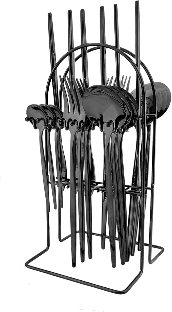 24-Piece Mirror Black Cutlery Set, Snplowum Stainless Steel Flatware Hanging Tableware Silverware Set Include Knife/Fork/Spoon/Teaspoon and Storage Rack For Daily Use, Service For 6