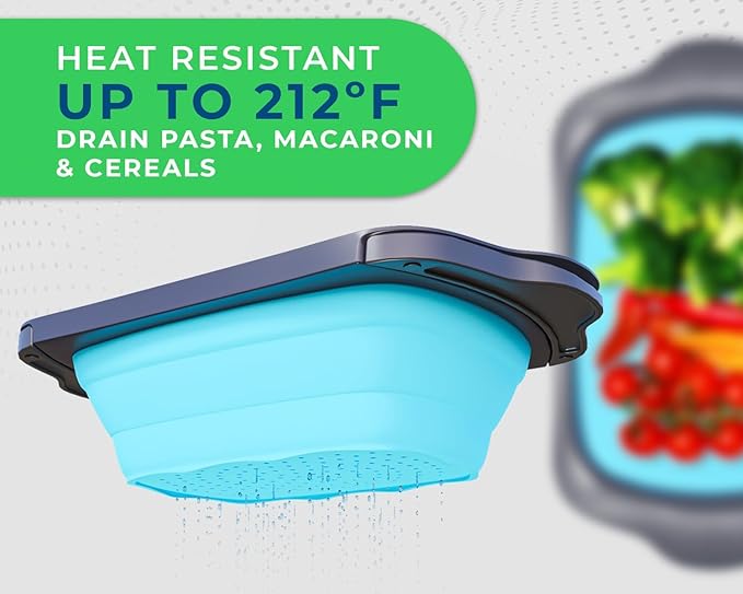 XL Large Kitchen Strainer by Comfify - Collapsible Silicone Over - The-Sink Colander with Extendable Handles - Use with Pasta, Fruit, Berries & Veggie - 6 Quart - Blue