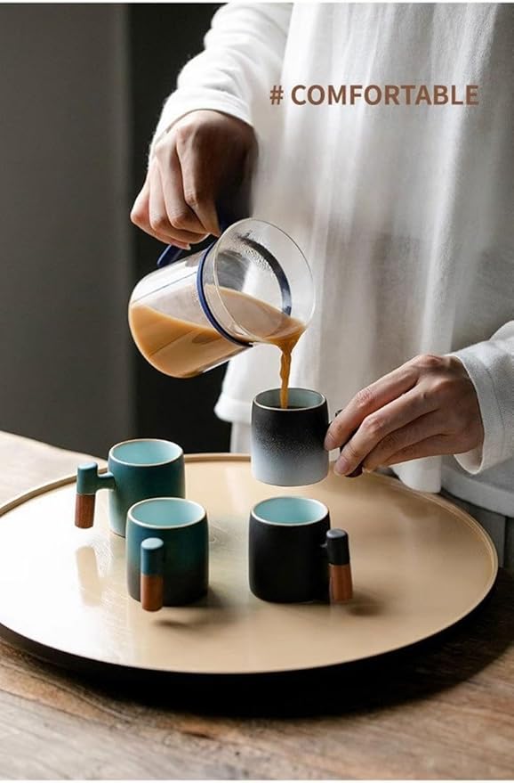 2oz Ceramic Espresso Cups set of 2, Espresso Cups with Wooden Handle, Demitasse Cups for Coffee or Tea (blue black, Wooden Handle2)