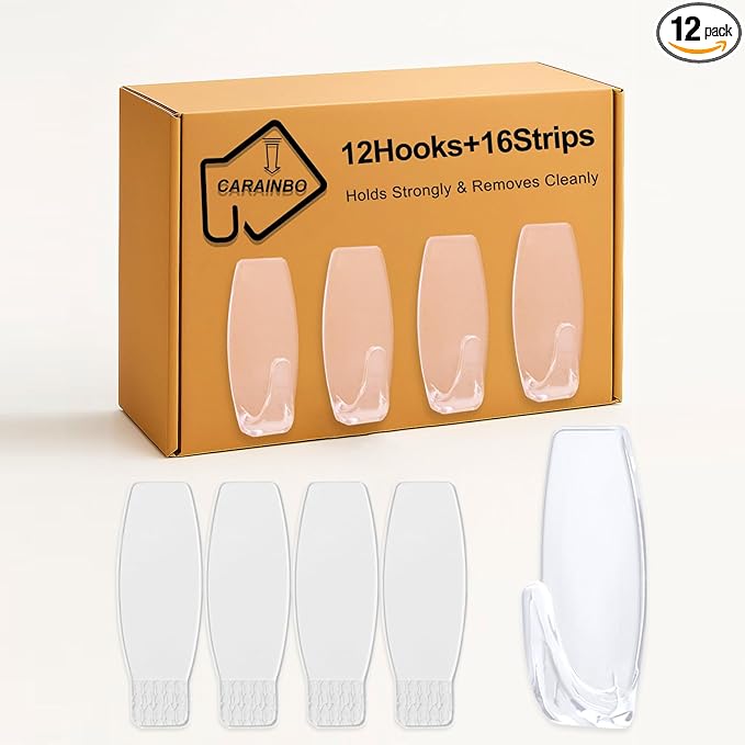 Large Clear Hooks,12-Hooks,16-Strips,Clear Wall Hook with Removable Strips,Organize Damage Free,Removes Cleanly,Utility Hooks Heavy Duty for Decorations and Storage