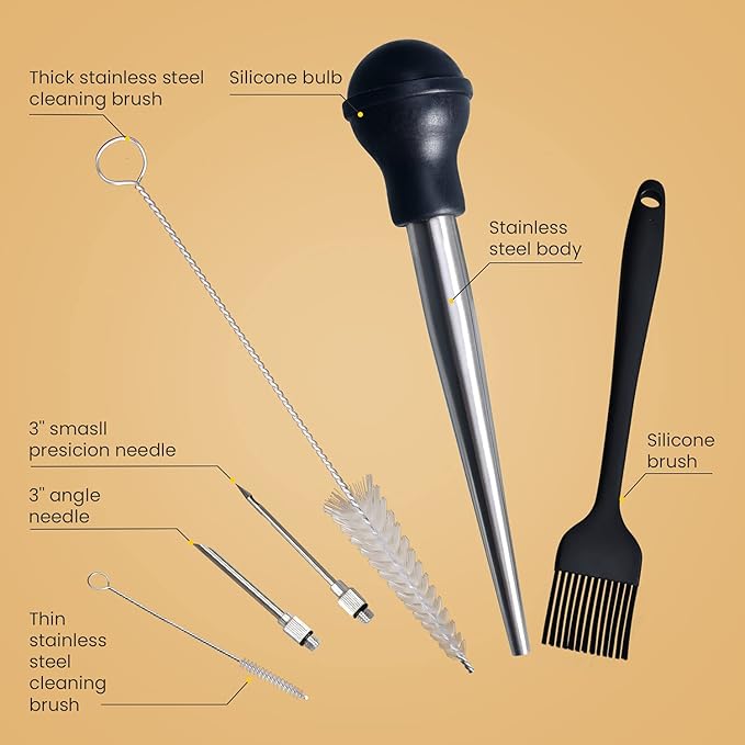 Turkey Baster, Stainless Steel Baster for Cooking with Marinade Injectors Syringe, Basting Brush, Thick Cleaning Brush & Thin Cleaning Brush