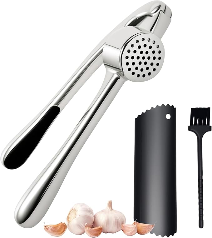 Stainless Steel Garlic Press Set w/Silicone Peeler & Brush, Heavy Duty Metal Garlic Mincer, Dishwasher Safe, Easy Clean (Regular Handle)