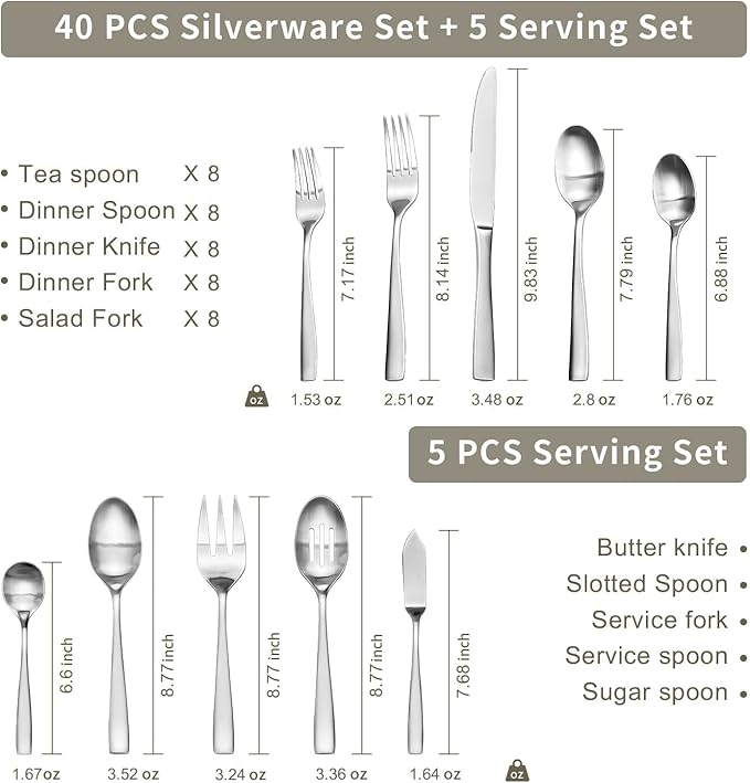 HIKAA Forged Silverware Set Stainless Steel Flatware Set,Service for 8,Matte Satin Polished Cutlery Set, with Serving Set and Metal Organizer (Matte Silver 45PCS)