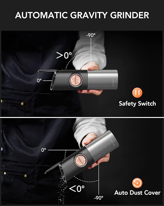 FORLIM Gravity Electric Salt and Pepper Grinder Set, Upgraded Large Capacity, USB Rechargeable Automatic One Hand Operated, Adjustable Coarseness, Auto Dust Lid, LED Light(Stain Steel Black)