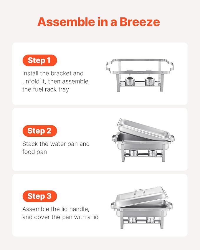 VEVOR Chafing Dish Buffet Set, 8 Qt 6 Pack, Stainless Steel Chafer with 6 Full Size Pans, Rectangle Catering Warmer Server with Lid Water Pan Stand Fuel Holder, for Weddings Parties Banquets, Silver