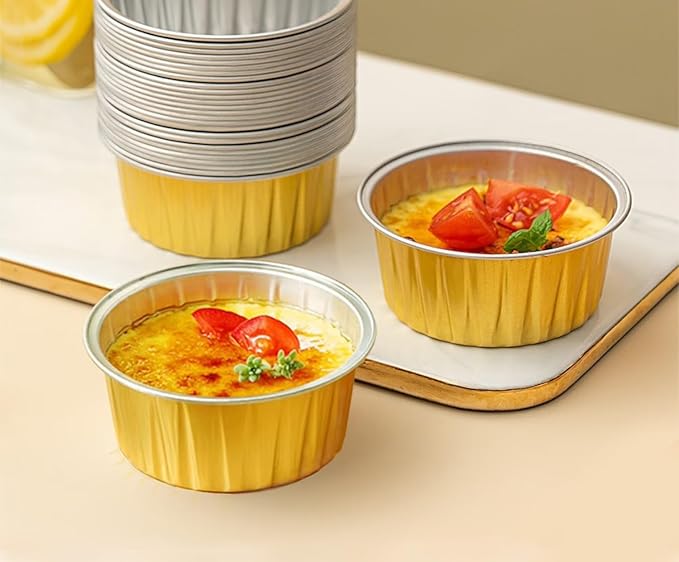 Disposable Muffin Pans with Lids, 5 oz Mini Cake Pans for Cupcake, Multi-purpose Aluminum Foil Baking Cup, Premium Dessert Cups, Creme Brulee Ramekins Oven Safe, 60 Pack
