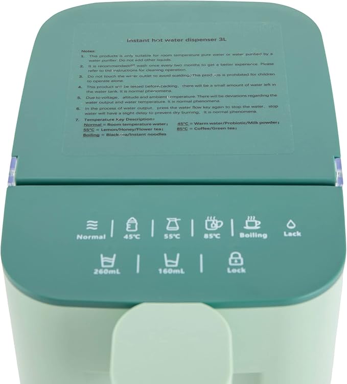Instant Hot Water Dispenser, 1600W 110V 3L Electric Tea Kettle Large Water Boiler Maker Countertop Water System Dispenser Adjustable 5 Temperatures &2 Water Outputs for Homes Offices Schools (Green)
