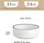 MALACASA 24 OZ Cereal Bowls, Porcelain Soup Oatmeal Bowls Set of 6, White Kitchen Ceramic Serving Bowl wtih Black Rim, Dishwasher Microwave Oven Safe, White, Series LUNA