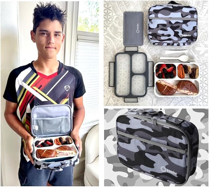 Bento Box with Insulated Lunch Bag and Ice Pack. Lunch Container with 3 Divided Leak-Resistant Compartments Perfect for Work or School, Adults Boys Kids, Black with Camo Bag