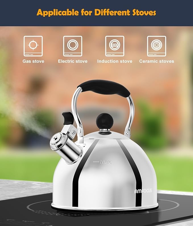 Tea Kettle, 2 Quart Stainless Steel Whistling Tea Kettle, Stovetop Whistling Teakettle Tea Pots for Stove Top with Ergonomic Folding Handle, Small Teapot, Water boiler for Tea, Coffee (Silver)