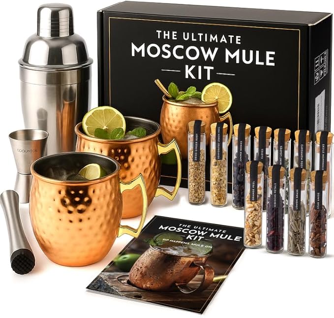 Moscow Mule Kit Gift Set - 2 Copper Mugs - 11 Botanicals - Stainless Steel Shaker & Jigger - Mudder - Recipe Book - Moscow Mule Cocktail Kit - Basket Gifts for Women - Unique Accessories for Infusion