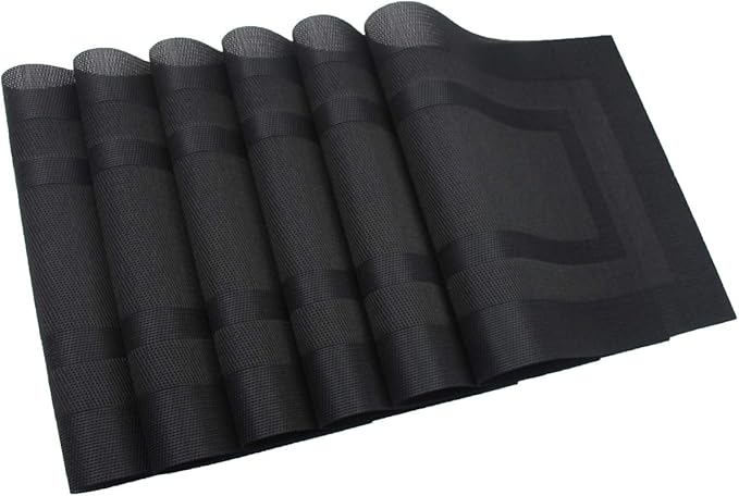 PIGCHCY Placemats with Matching Table Runner,Heat Resistant Vinyl Woven Washable Table mats Sets (6 Placemats+1 Table Runner, Pure Black)