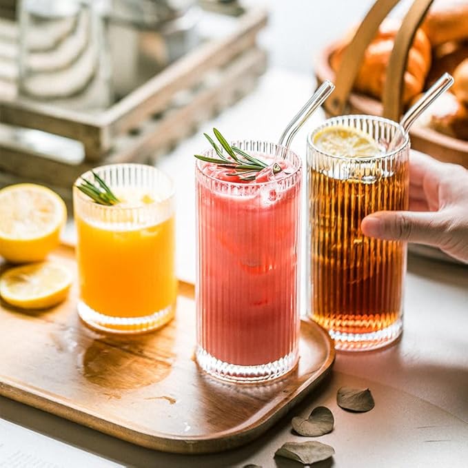 Drinking Glasses with Origami Style Set of 4 Glass Cups, 12 oz Ribbed Glassware, Highball Glass Cups, Elegant Art Deco Ripple Vintage Glassware, Juice Glasses, Ideal for Cocktail, Beer