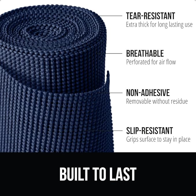 GORILLA GRIP powerGRIP Drawer Shelf and Cabinet Liner, Thick Strong Hold, Non-Adhesive Liners Protect Kitchen Cabinets and Cupboard, Bathroom Drawers, Easy Install, Breathable Mat, 17.5" x20', Navy