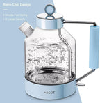 Electric Kettle, ASCOT Glass Electric Tea Kettle 1.5L 1500W Retro Tea Heater & Hot Water Boiler, No Plastic, BPA-Free, Cordless, with Auto Shut-Off and Boil-Dry Protection (Blue)