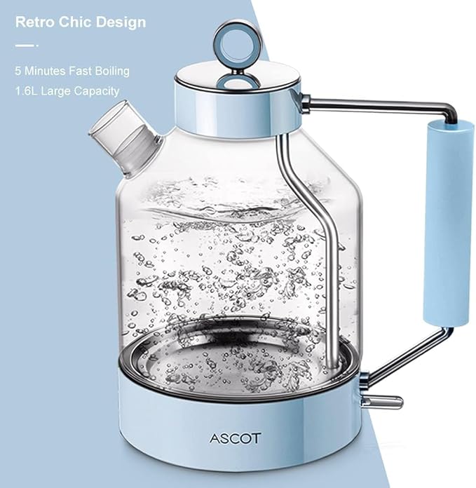 Electric Kettle, ASCOT Glass Electric Tea Kettle 1.5L 1500W Retro Tea Heater & Hot Water Boiler, No Plastic, BPA-Free, Cordless, with Auto Shut-Off and Boil-Dry Protection (Blue)