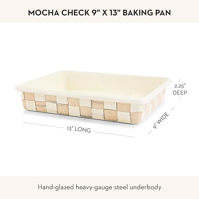 MACKENZIE-CHILDS Enamel Baking Pan for Oven, Rectangular Oven Pan, 9" x 13", Brown-and-White Mocha Check