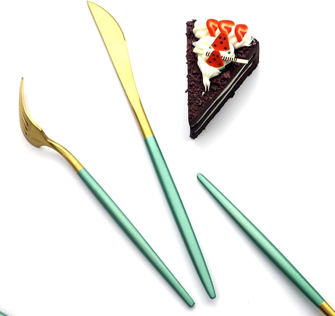 Gugrida Green Gold Flatware, Royal 20 Pieces Matte White Handle 18/10 Stainless Steel Tableware Sets for 4 Including Forks Spoons Knives, Camping Silverware Travel Utensils Set Cutlery (Green Gold)