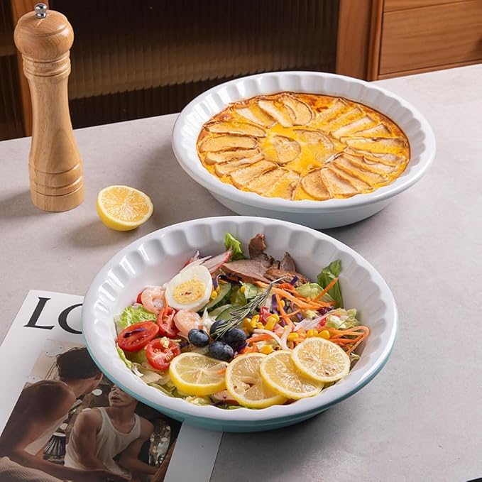 Sweejar Ceramic 10.4 Inches Pie Pan for Baking, Deep and Fluted Porcelain Round Pie Dish, Non-Stick Pie Plate for Pumpkin Pie, Apple Pie, Pie Pots with Morden Farmhouse Design (Green)