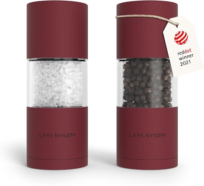 LARS NYSØM Salt and Pepper Grinder Set I Salt and Pepper Mills with Adjustable Ceramic Grinder 2 pieces I Manual Design Spice Mill Set (Berry Red)