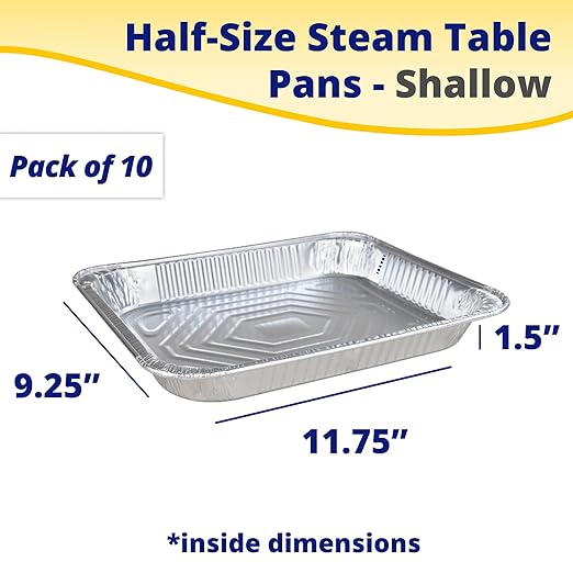 IDL Packaging Half-Size Aluminum Steam Table Pans - Shallow, 13" x 11" x 1.5" (pack of 10) - Disposable Foil Pan for Grilling, Roasting, BBQ, Cooking, Baking, Freezing