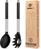 Silicone Pasta Fork and Cooking Spoon Set, Non Stick Kitchen Utensils for Cooking,Stirring,Serving Spaghetti, Soup, Sauce (BLACK)