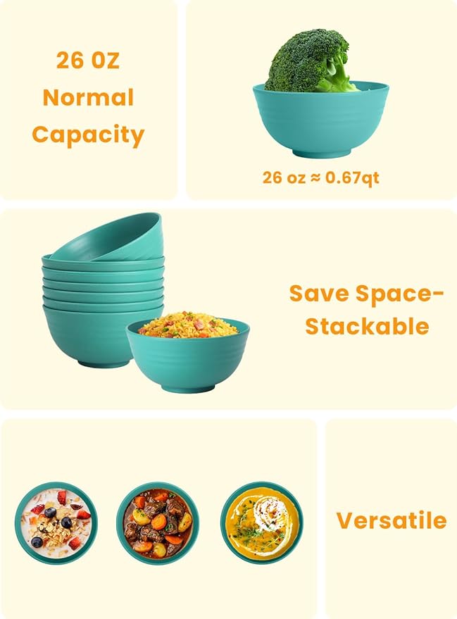 Homienly Wheat Straw Bowls, Cereal Bowls, Plastic Bowl Alternative, Set of 8, Unbreakable Microwave Safe Bowls for Soup, Salad, Dinner, Cereal, Snack, Dishwasher Safe for Kitchen, Party (Green, 26 OZ)