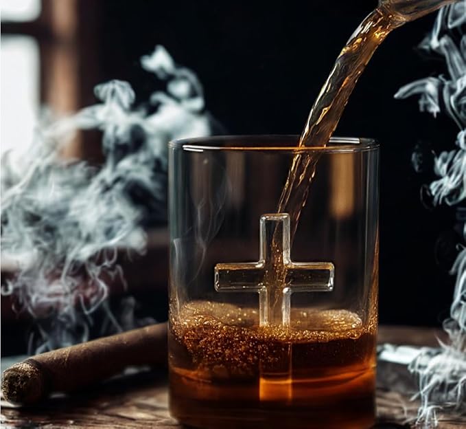 Crucifix Whiskey Glass – Premium Christian Cross Religious Glass, Old Fashioned Glass, Liquor – Luxurious Gold Rim – Home Bar Accessories Ideal for Man Cave, Fun Gift, Christian Gift, Religious Gift